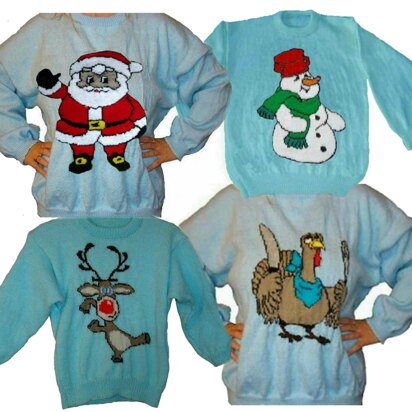 4 x Plus Size Christmas Jumper Knitting Patterns #17 Rudolph Santa Snowman Turkey - knitting pattern
