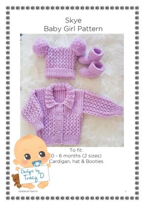 Skye baby knitting pattern, 0-6mths Cardy, hat and booties