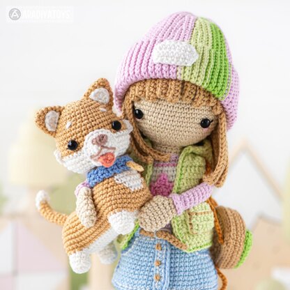 Doll Crochet Pattern Amigurumi for Friendy April with Timmy the Corgi from "AradiyaToys Friendies" collection tutorial PDF file modern dolls by AradiyaToys (Olka Novytska)