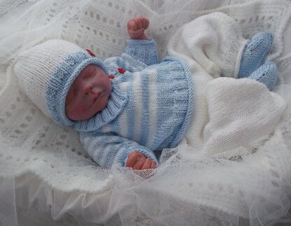 Pattern #46 - Striped Sweater, Long Trousers, Beanie Hat, Bootees for Baby Boy or Reborn Doll