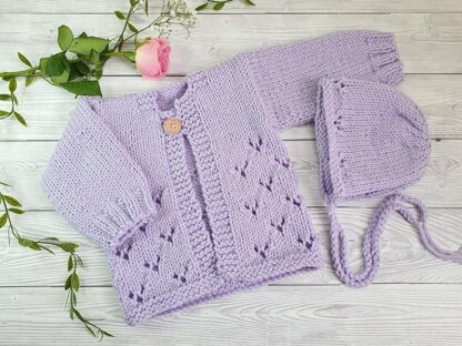 Eyelet Baby Cardigan and Bonnet Set 0-6 months