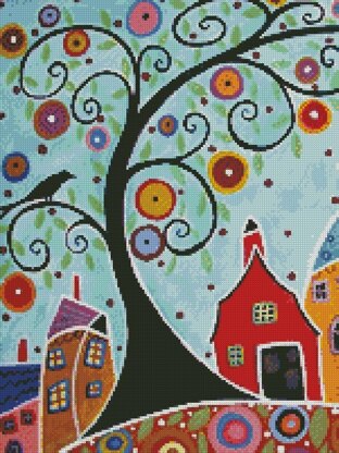 Houses, Barn, Birds and Swirl Tree (Crop) - #13008-ARTL