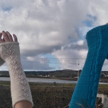 Ladies long fingerless lace and cabled mittens - knitting pattern