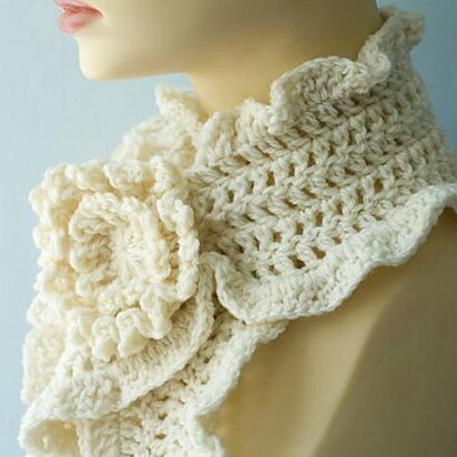 Crochet Ruffle Scarf with Flower Scarf Pin