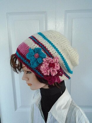 777 Knit Slouchy Hat and Flowers