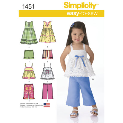 Simplicity Toddlers' Dresses, Top, Cropped Trousers and Shorts 1451 - Paper Pattern, Size A (1/2-1-2-3-4)