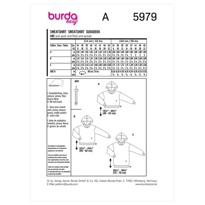 Burda Style Misses' Hoodie in Three Lengths B5979 - Sewing Pattern