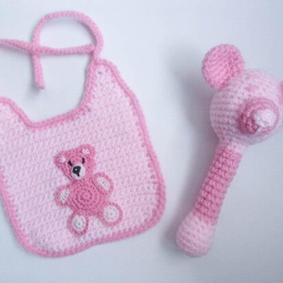 Teddy Bear Baby Bib and Rattle