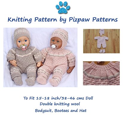 Doll's Bodysuit, Bootees and Hat with Strap