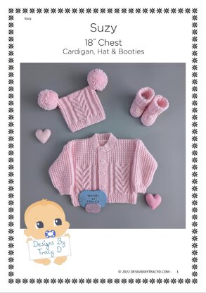 Suzy Cardigan, Hat & Booties 18 inch chest Baby Knitting Pattern