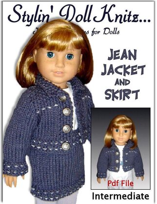 Doll knitting pattern. Fits American Girl Dolland 18 inch doll. Jean jacket and Skirt 012