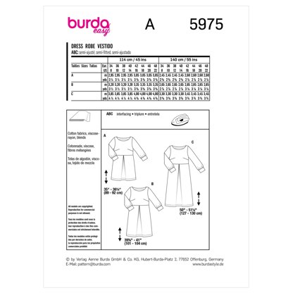 Burda Style Misses' Dress with Scoop Neckline and Sleeve Bands B5975 - Sewing Pattern