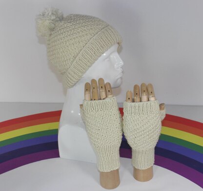 Adult Teen Aran Swirl Bobble Beanie Hat and Gloves