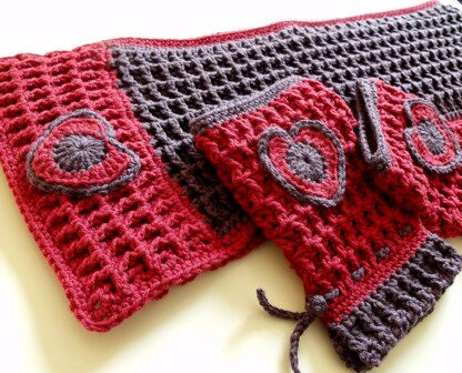 Crochet Keyhole Scarf and Mittens "Sweetheart"