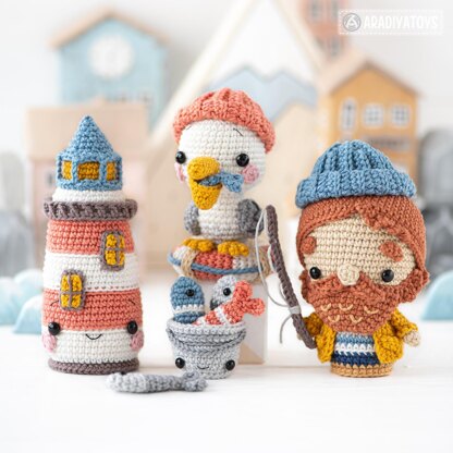 Lighthouse Island from “Mini Kingdom” collection, crochet patterns (Amigurumi tutorial PDF file) lighthouse crochet pattern seal pelican fish lighthouse keeper by AradiyaToys (Olka Novytska)