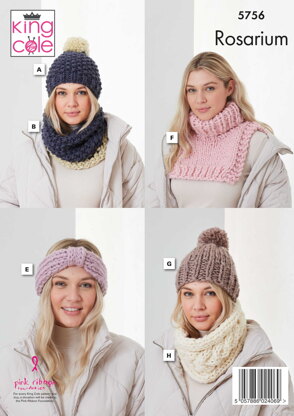 Hats, Headband, Snoods, Polo Neck and Loop Knitted in King Cole Rosarium - 5756 - Downloadable PDF