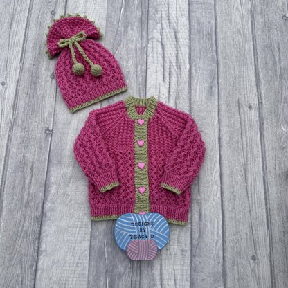 Ashe Baby cardigan, hat, booties & mitts knitting pattern newborn 16 inch chest.
