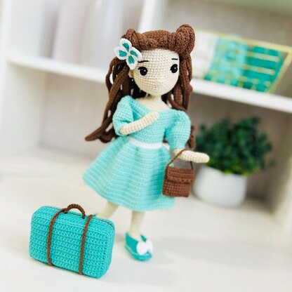 Amigurumi doll, crochet doll, doll clothes pattern, crochet doll clothes, doll dress, crochet doll suitcase