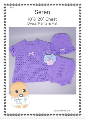 Seren Baby dress, sun hat & pants knitting pattern, 18"  and 20" chest