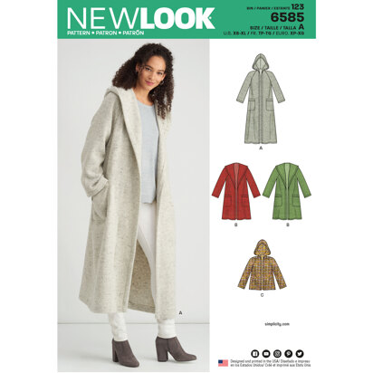 New Look 6585 Misses' Coat with Hood 6585 - Paper Pattern, Size A (XS-S-M-L-XL)