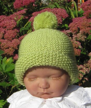 Baby Roll Brim Moss Stitch (Seed Stitch) Bobble Beanie Hat