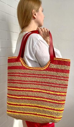 Crochet Raffia Beach Bag Pattern, Striped Tote with Leather Handles