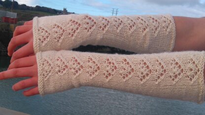 Ladies long fingerless lace and cabled mittens