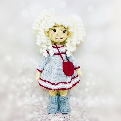 Doll with clothes, crochet doll, amigurumi doll pattern, doll clothes, doll bag, doll dress, Gerda Doll