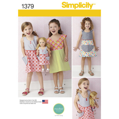 Simplicity Child's Dress and Dress for 18in Doll 1379 - Paper Pattern, Size A (3-4-5-6-7-8)