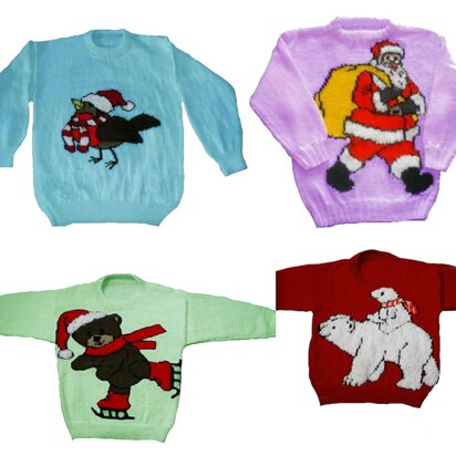 4 x Plus Size Christmas Jumper Knitting Patterns #15 Robin Santa Pola Bear Teddy