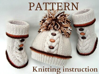 Knitting Baby Boy Baby Girl Boots Pom Pom Beanie PATTERN