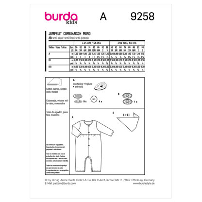 Burda Style Baby Kidsâ€™ Co-ords B9258 - Paper Pattern, Size 56 - 98