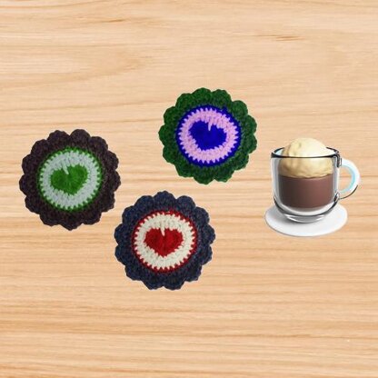 Crochet round coaster with heart