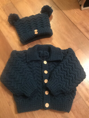 Isaac baby knitting pattern cardigan, hats and booties 0-3 mths & 6-12m