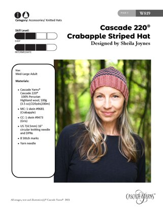 Crabapple Striped Hat  in Cascade Yarns Cascade 220® - W819 - Downloadable PDF