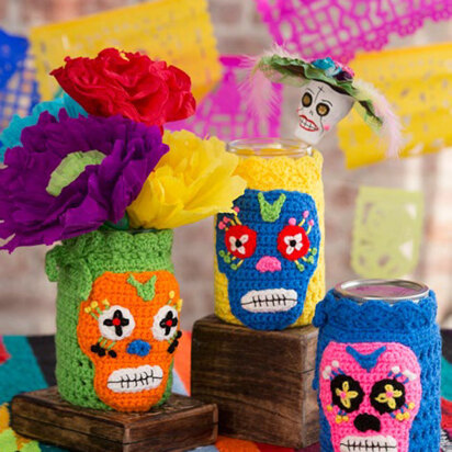 Day of the Dead Cozies in Red Heart Super Saver Economy Solids - LW4920 - Downloadable PDF