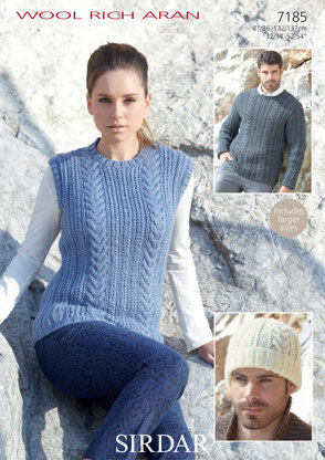 Womans and Mans Tank, Sweater and Hat in Sirdar Wool Rich Aran - 7185 - Downloadable PDF