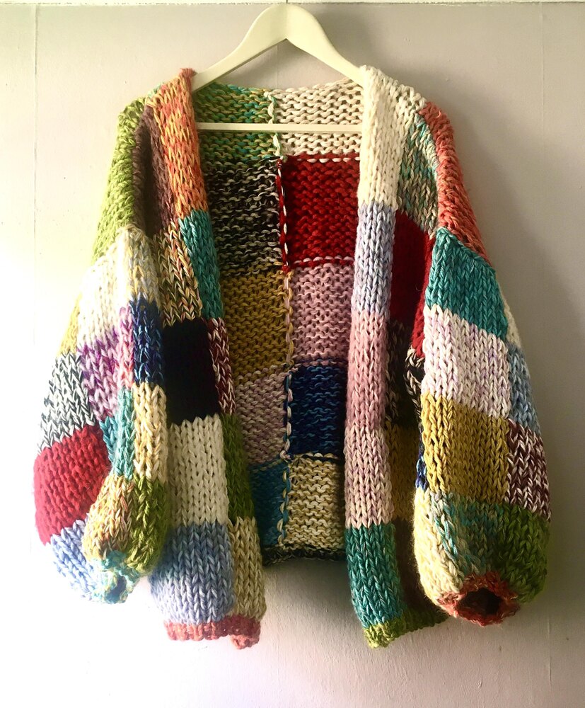 Stash buster patchwork cardigan Knitting pattern by Suzy Rai