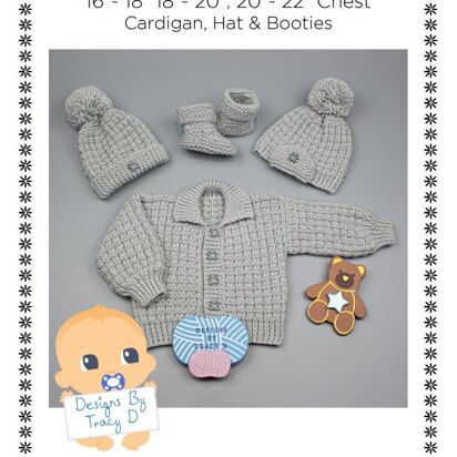 Noah baby cardigan, hat and booties knitting pattern 3 sizes 0-12mths