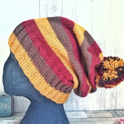 Striped Slouch Bobble Hat - knitting pattern