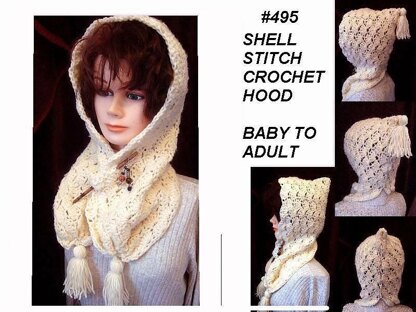 495 Crochet pattern, Shell Stitch Hood