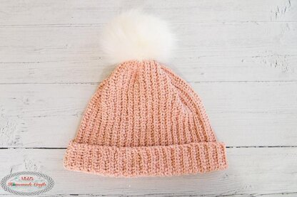 Knit Look Hat with Pom Pom