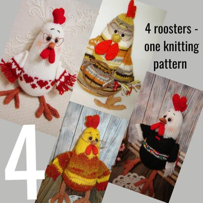 Toy knitting pattern rooster for Valentine's Day rooster, 4 roosters -1 pattern