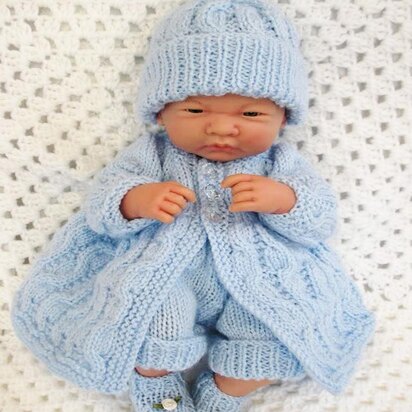 Dolls clothes knitting pattern Cable Matinee Coat, leggings, Hat and Boots