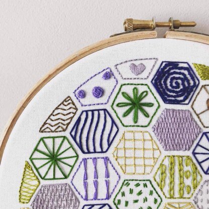 Stitchdoodles Hexagon Sampler to learn 20 hand embroidery stitches