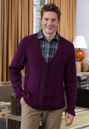 Men's V-Neck Cable Cardigan in Red Heart Soft Solids - LW4108