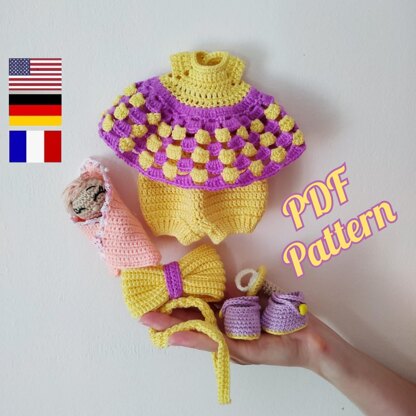 Amigurumi doll clothes pattern for Amelie, Crochet doll outfit pattern 9.84 inches (25 cm) (English, Deutsch, Français)