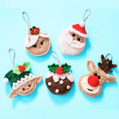 Christmas hanging ornaments. Crochet Xmas pudding. Santa and Mrs Claus. Crocheted reindeer. Rudolf ornament. Elf. Christmas tree decorations