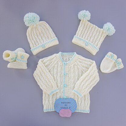 Ryan Baby cardigan, Hats, Booties & Mitts knitting pattern 18inch chest size