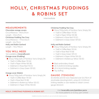 Holly, Christmas Pudding & Robin Set - Free Christmas Decorations Knitting Pattern in Paintbox Yarns Simply DK